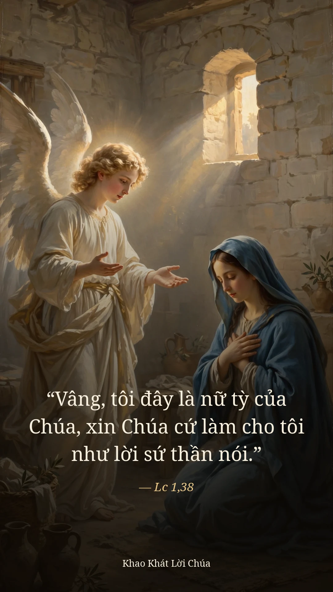 Vâng, tôi đây là nữ tỳ của Chúa, xin Chúa cứ làm cho tôi như lời sứ thần nói. (Lc 1,38)